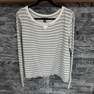 American Living top horizontal stripes grey white boat neck tie silver grommets